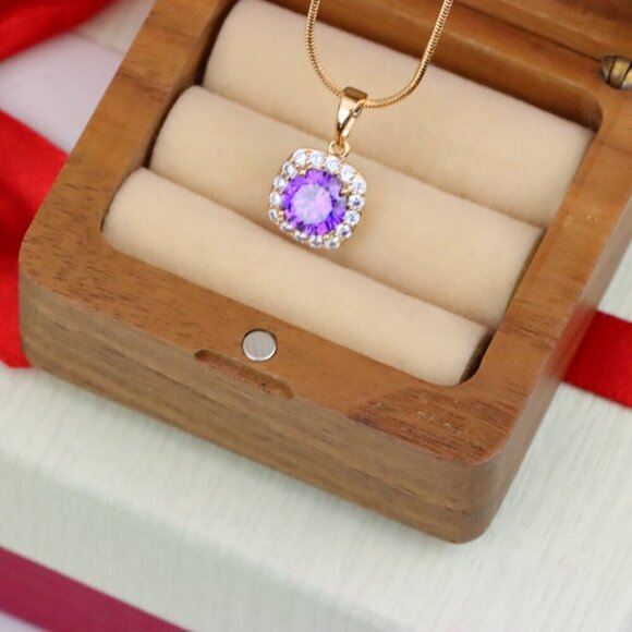 "Purple Round Stone Pendant in Gold Plated Brass with Crystal Halo, XPPT1772 - Picture 8 of 13
